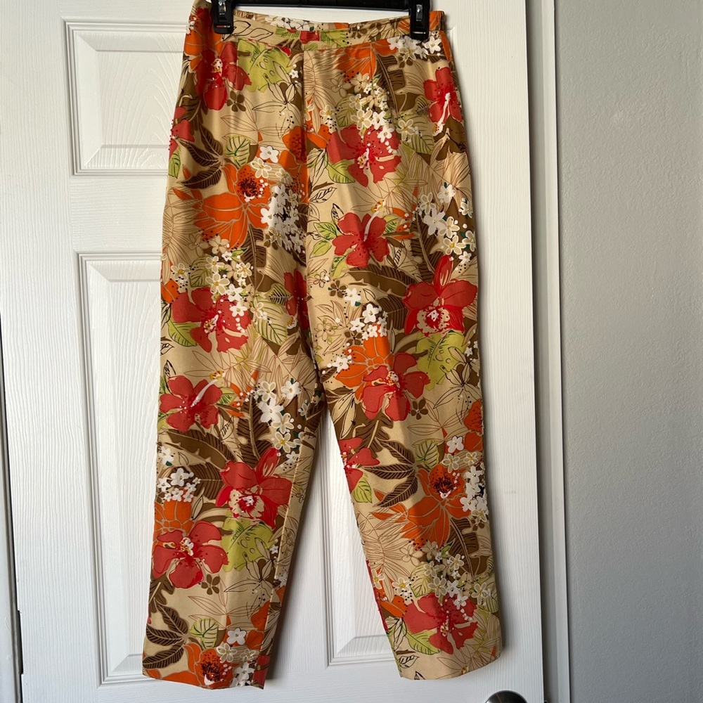 Floral beaded silk pants by Adriana Papell. 12P